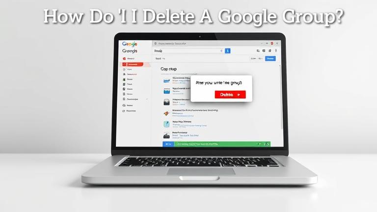 alt_text: Laptop screen showing Google Groups with a highlighted red delete button and confirmation popup.