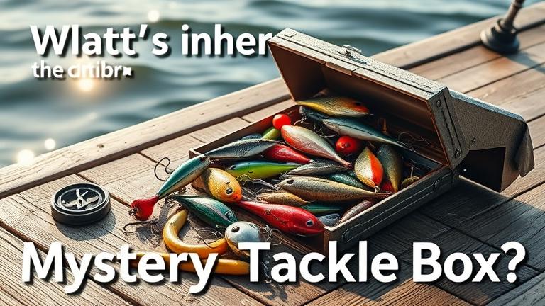 alt_text: Open tackle box spilling lures and baits on a sunlit dock, evoking fishing excitement.