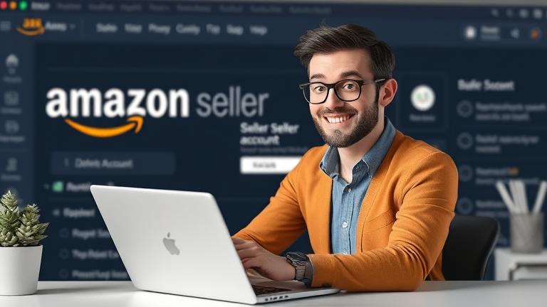 alt_text: Confident seller managing Amazon account settings with delete options on a computer screen.