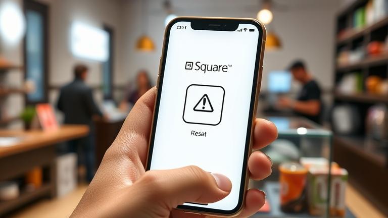 alt_text: Smartphone with Square app, hand interacting in a retail/cafe setting, highlighting troubleshooting.