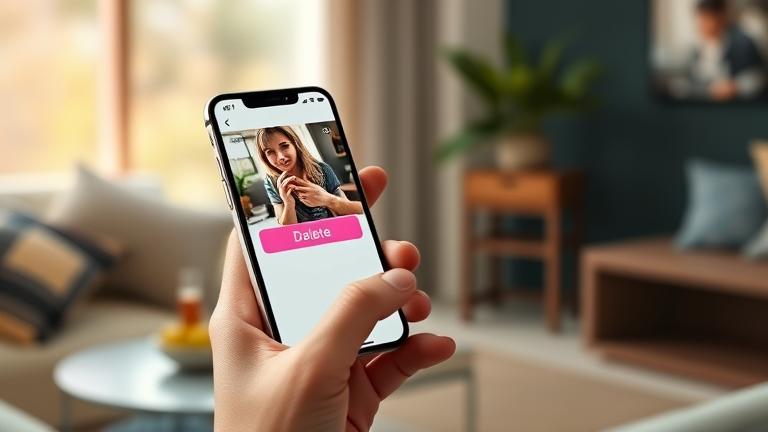 alt_text: Person deletes a TikTok video on their smartphone in a casual setting, highlighting ease of use.