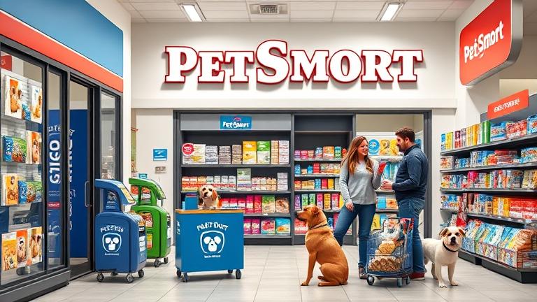 Pet owners browse a store with Chewy and PetSmart products, highlighting their connection.
