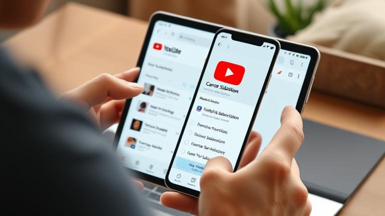 alt_text: Person manages YouTube subscription, highlighting "Cancel Subscription" on screen in a cozy setting.
