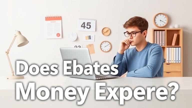 alt_text: Person at desk viewing cashback app with timers and expiry alerts, asking "Does Ebates Money Expire?"