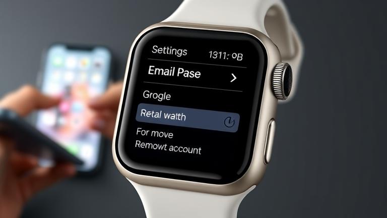 alt_text: Apple Watch showing email settings, with user managing or removing an email account.