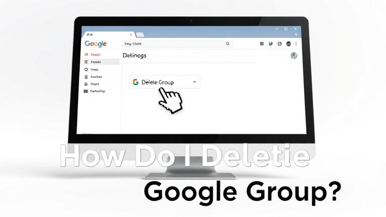 alt_text: Laptop screen showing Google Groups with cursor over "Delete Group," title displayed.