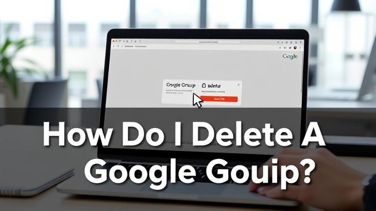alt_text: Office scene with laptop showing "Delete" on Google Groups, tech-savvy and clear.