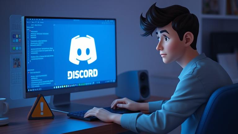 alt_text: Person at desk looking worried with Discord logo, coding background, hinting at account deletion.