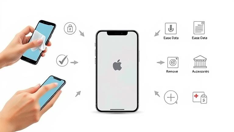 alt_text: Modern iPhone with prep symbols—checklist, wiping, trade-in icons, clean background.