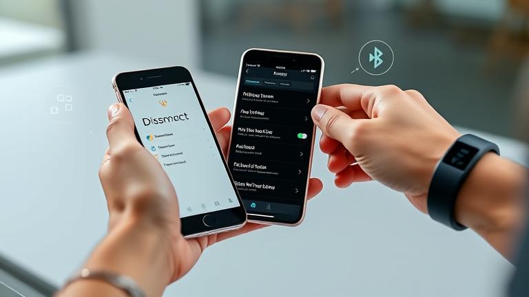 alt_text: Person disconnects Fitbit from phone using app, highlighting Bluetooth and device settings.
