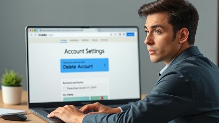 alt_text: Person on laptop screen viewing Indeed's "Delete Account" option in a professional workspace.