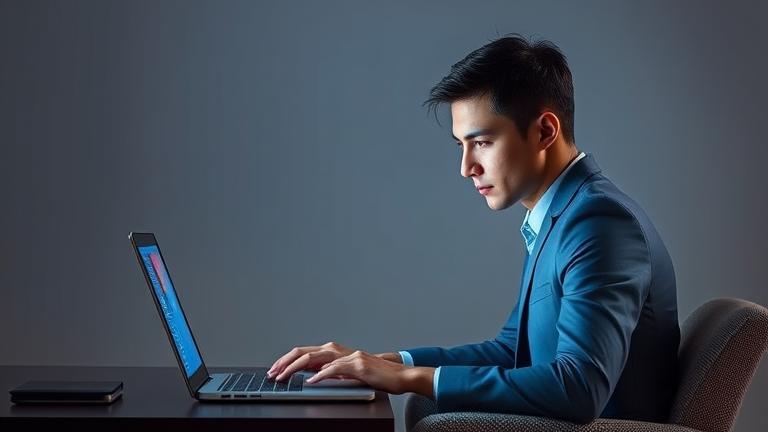 alt_text: Person using laptop, contemplating account deletion, with POF logo and calming blue tones.