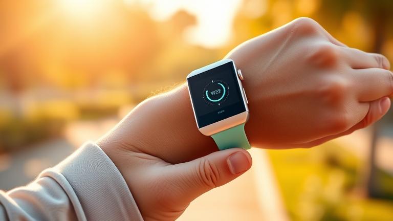 alt_text: Person holding sleek Fitbit outdoors, symbolizing renewal, health, and motivation.