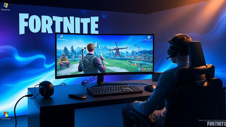 alt_text: Gamer at desk with Fortnite on monitor, Windows 7 background, gaming gear, energetic scene.
