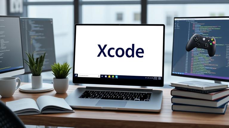 alt_text: Modern Windows workspace with laptop showing Xcode interface, prompting cross-platform coding.
