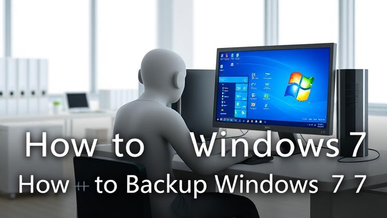 alt_text: Person at desk with Windows 7 PC, external drive, and backup icons in a tidy workspace.