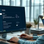 alt_text: Person adjusting display settings on Windows 10 monitor in a modern workspace.