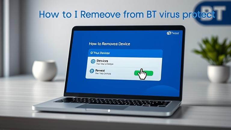 alt_text: Laptop screen shows BT Virus Protect settings with "Remove Device" button; cursor poised to click.