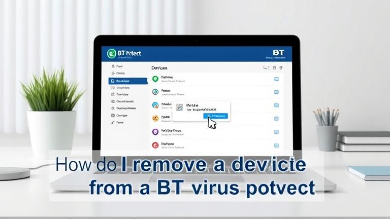 alt_text: Laptop screen showing BT Virus Protect device removal process with confirmation pop-up.