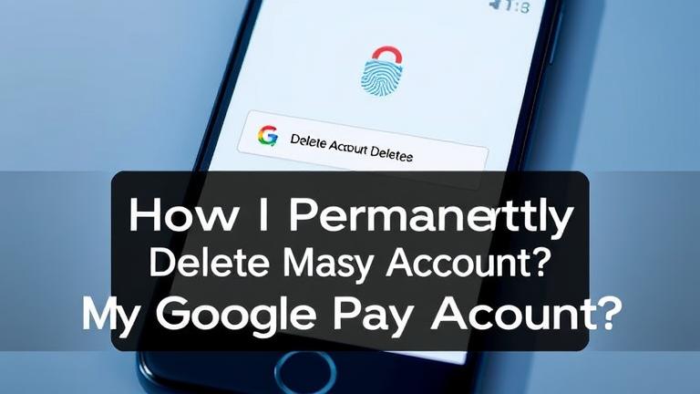 Smartphone screen showing Google Pay's delete account option with security icons and confirmation.
