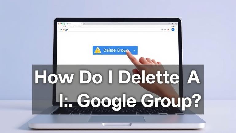 Alt text: Laptop screen shows Google Groups with delete option, warning, and clear title overlay.