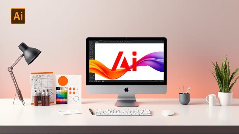 alt_text: Modern workspace with computer, vector art, tools, and Adobe Illustrator branding.