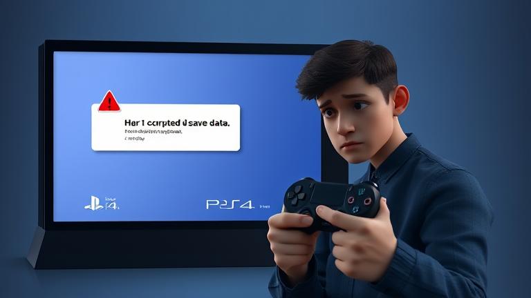 alt_text: Worried gamer with PS4, warning message on screen, repair icons, fixing corrupted save data.