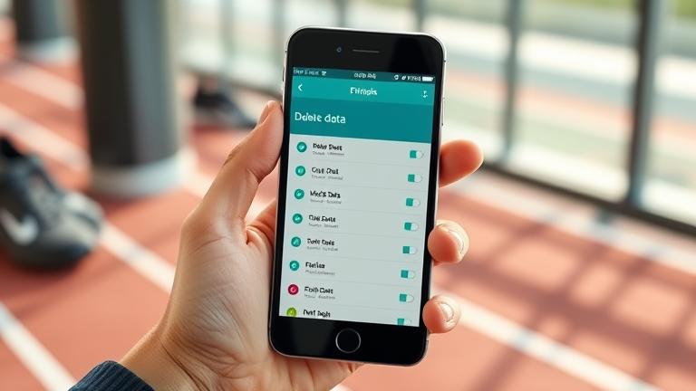 alt_text: Person holding phone with Fitbit app open, showing data management options, in a fitness setting.