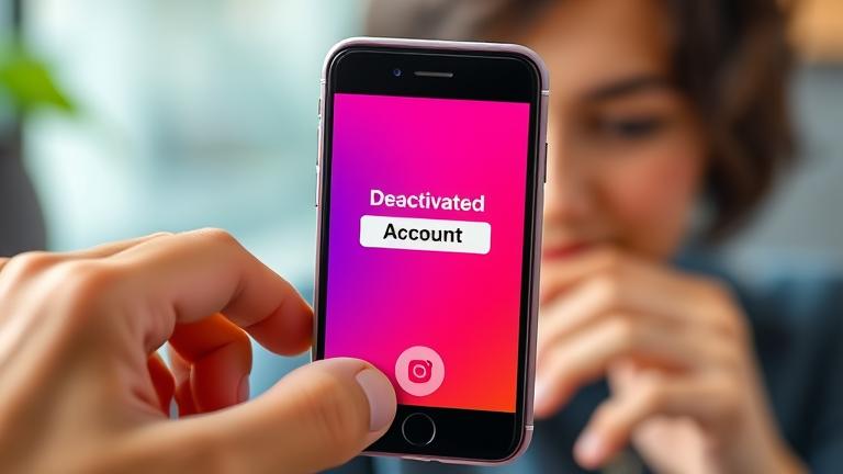 alt_text: Person with phone showing Instagram deactivated message, hints of recovery icons, bright colors.