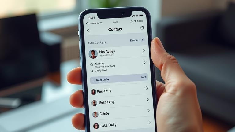 alt_text: Person holds phone showing contacts; "Read-Only" contact highlighted, about managing permissions.