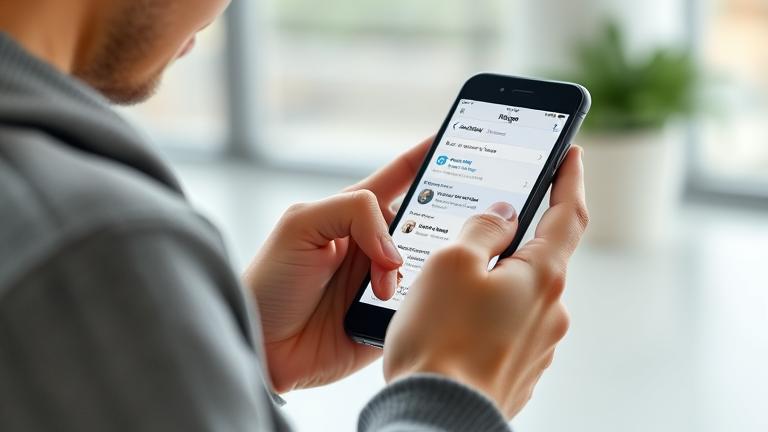 alt_text: Person using Hago app on smartphone, managing a post in a modern, bright setting.