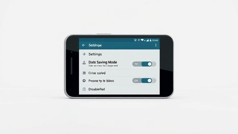 alt_text: Smartphone showing Opera browser Settings with Data Saving Mode toggles, sleek tech background.