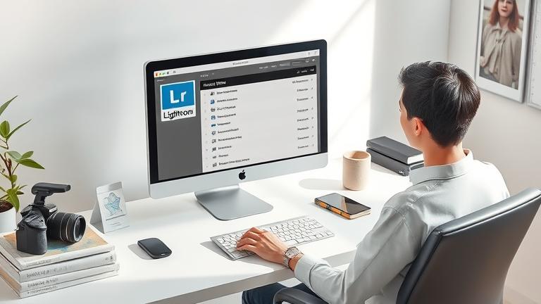 alt_text: Person at desk with Lightroom open, contemplating old photo catalog deletion.