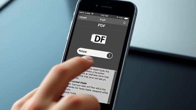 alt_text: iPhone screen showing PDF rotation; finger taps rotate icon in a sleek, modern setting.