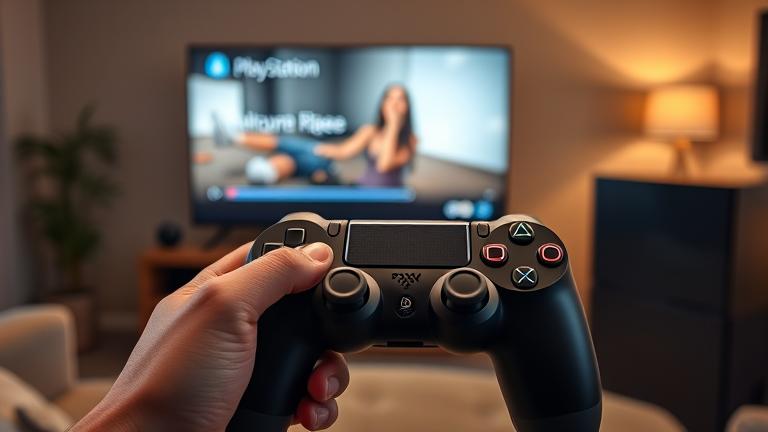 alt_text: Person holding PS4 controller in cozy room, TV paused, with guide title in modern font.