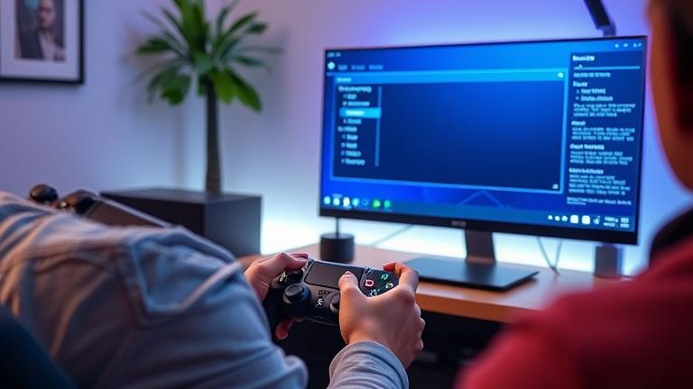 alt_text: Person uses PS4 with network menu, showing MAC address; includes controller, router, monitor.