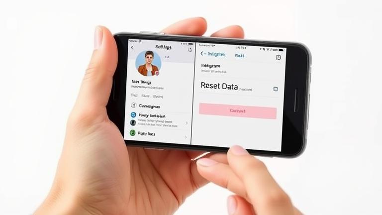 alt_text: Person holding phone with Instagram settings open, highlighting "Reset Data" option.
