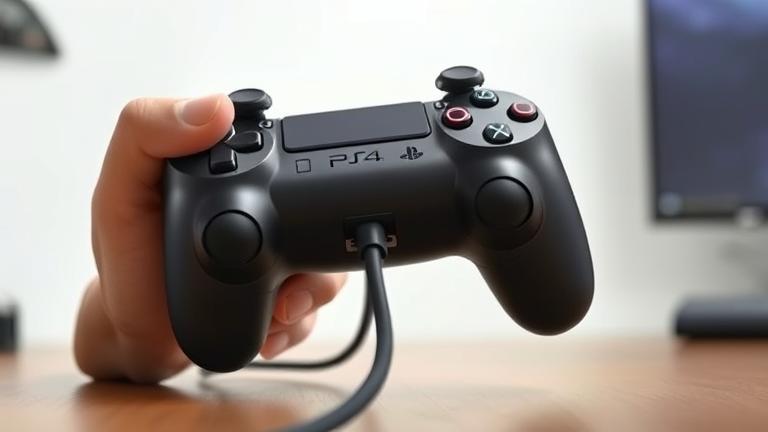 alt_text: Person connecting a PS4 controller to a charger, detailed view in a gaming setup background.