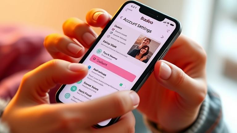 alt_text: Smartphone showing Badoo settings with delete option, person in casual setting, warm tones.