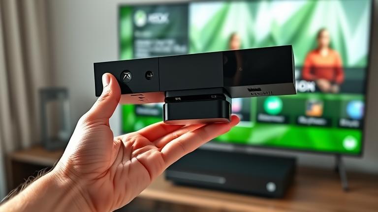 alt_text: Person holding Xbox One Kinect with console and TV showing Xbox interface in bright lighting.