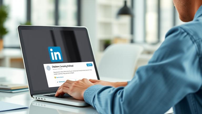 alt_text: Person managing LinkedIn on laptop in a modern workspace, deleting connections with ease.
