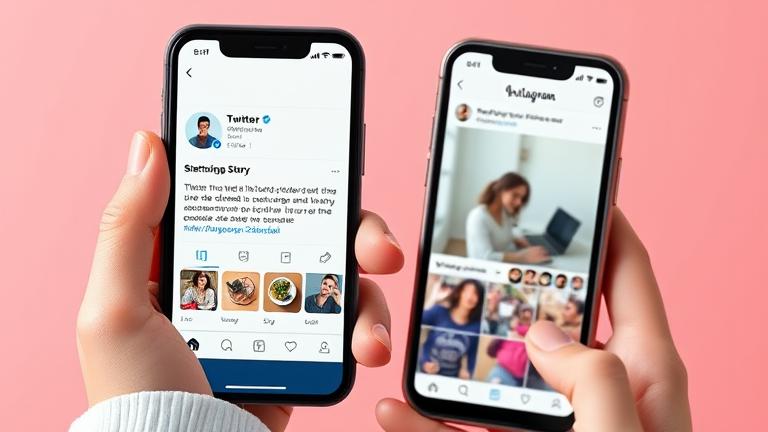 alt_text: Person sharing a tweet on Instagram story, showing both app screens in a modern, colorful scene.