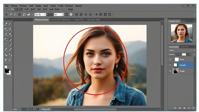 alt_text: Photoshop workspace with an active elliptical selection around a photo, showing handles and UI.