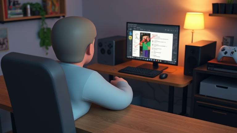 alt_text: Person at desk with Xbox and Minecraft screen, settings hinting at disabling Xbox Live.