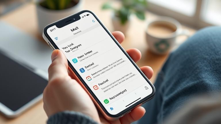 alt_text: Person checks spam emails on iPhone in a cozy, clean desk setting.