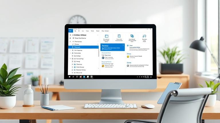 alt_text: Person managing Outlook emails in a modern office, showcasing archiving and organization.
