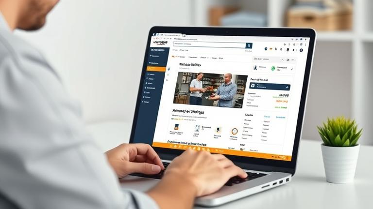 alt_text: Person manages Amazon seller dashboard on laptop, with icons for editing/removing listings.