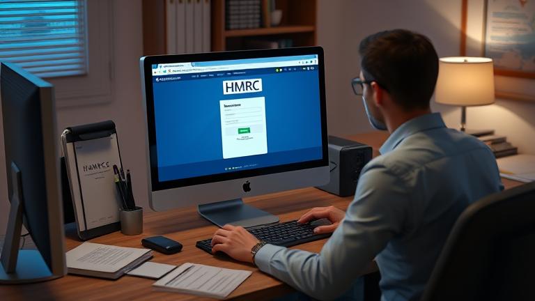 alt_text: Professional at desk accessing HMRC account, symbolizing managing or deleting a digital tax account.