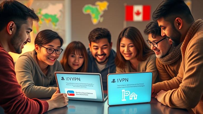 alt_text: Diverse group discusses accessing country-restricted apps with maps, flags, VPN icons.