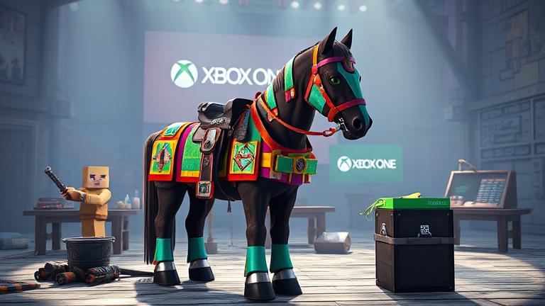 alt_text: Minecraft Xbox One: Player crafts colorful horse armor in a detailed, creative scene.